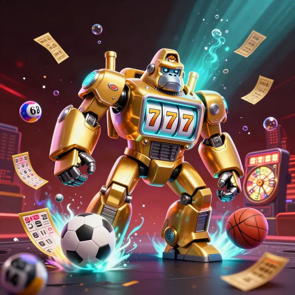 Golden gorilla mech and monkey pilot amid lottery balls, wheel and sports props in neon casino light.