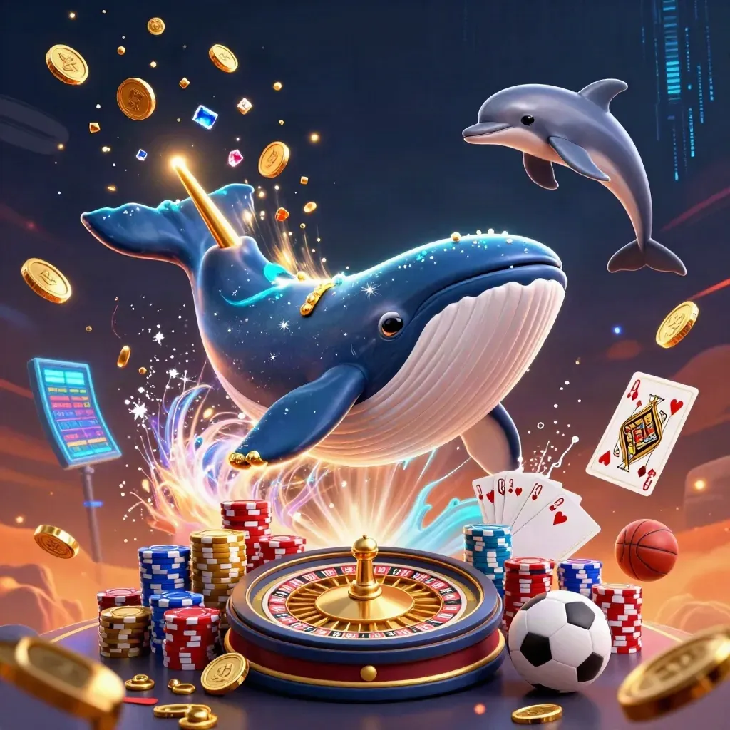 Gigantic captain whale, narwhal and dolphins burst through coins with casino lights and glowing odds gear.
