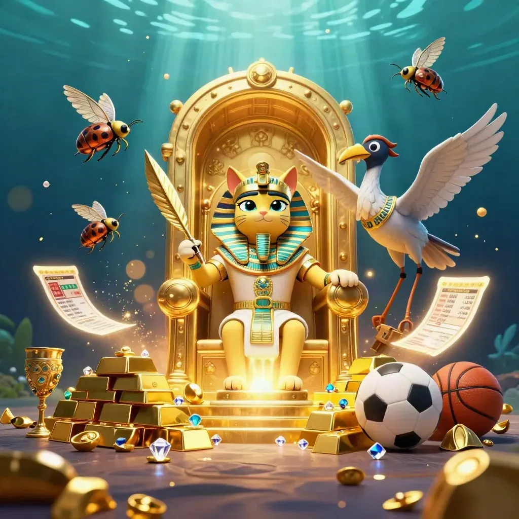 Pharaoh cat, ibis scribe and scarabs amid treasure, sports balls and golden light