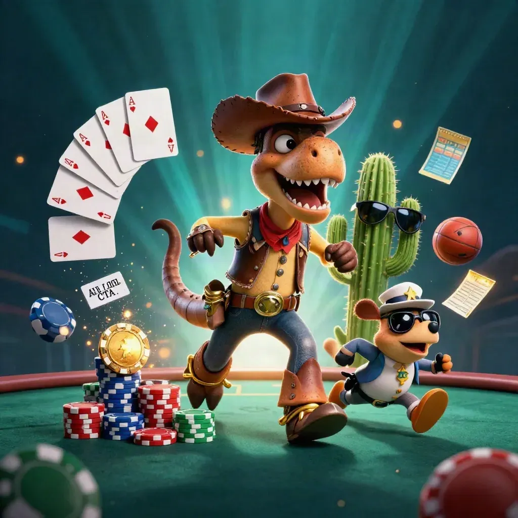 Cowboy T-Rex, cactus sidekick, and roadrunner amid casino props, gold-lit with teal underwater rays.