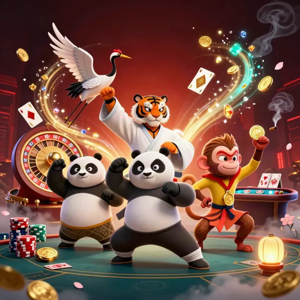 Tiger, panda and monkey at a glowing casino table with coins, cards and a spinning wheel.