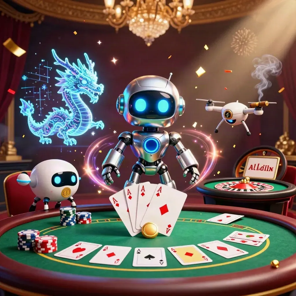 Cyberpunk robot, holographic dragon and coin drone amid casino table, chips, lights and gold confetti.