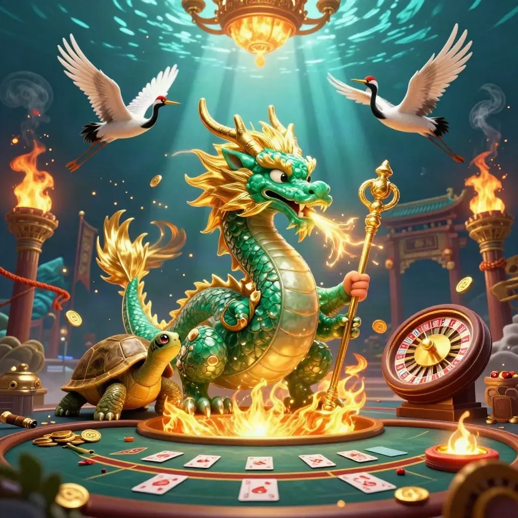 Jade dragon, turtle sage, and cranes amid casino relics, gold fire, and teal-blue light.