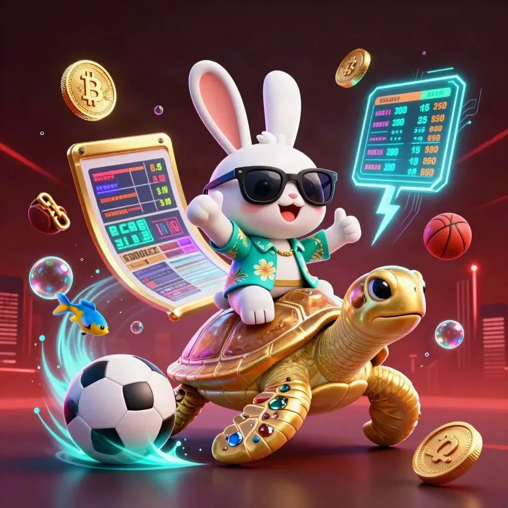 Cartoon rabbit rides gold turtle amid crypto coins, sports balls and neon casino effects.