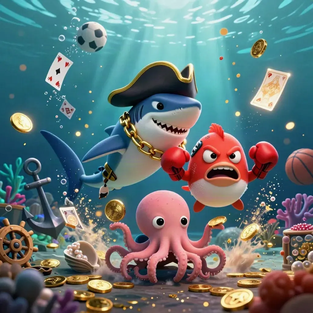 Shark pirate, boxing pufferfish, and juggling octopus in a glowing underwater treasure scene.