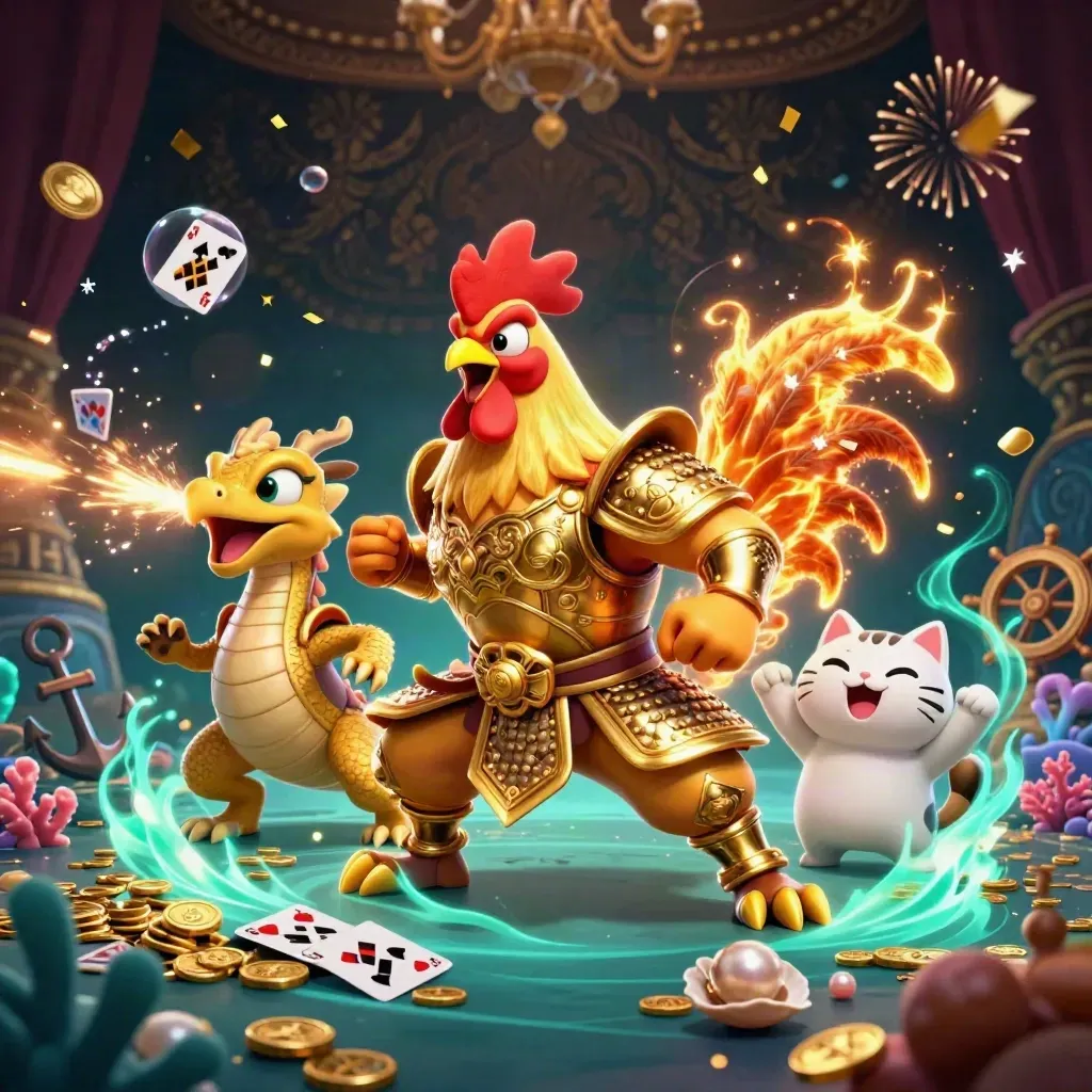 Rooster warrior, spark-breathing hatchling and fortune cat in a gold treasure cove.
