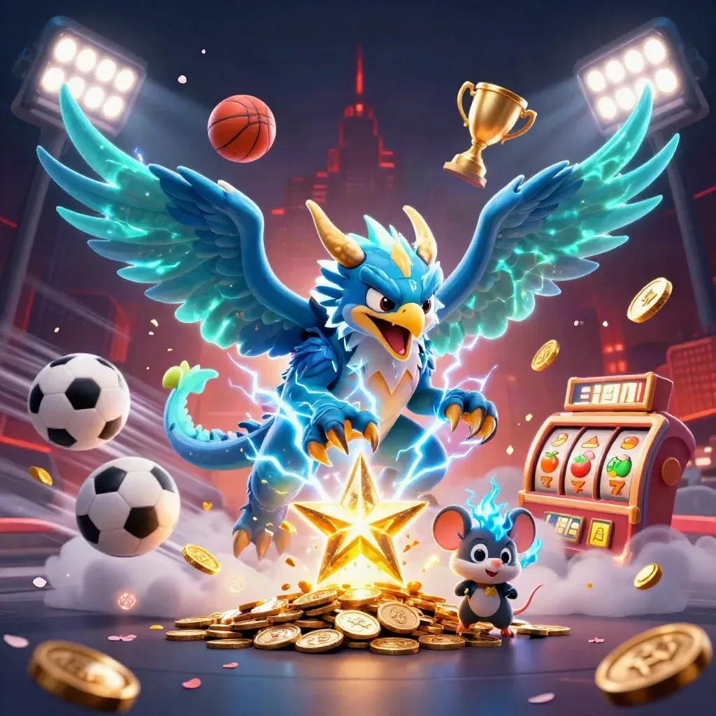 Thunder dragon, wind hawk, and static mouse amid sports balls, trophies, coins, and neon effects.