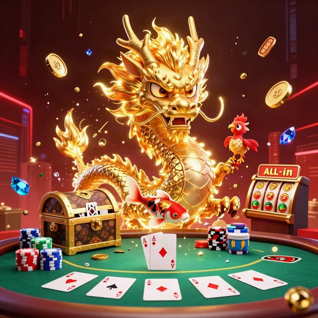 Golden dragon and phoenix burst from a treasure chest amid cards, chips, reels and neon light.
