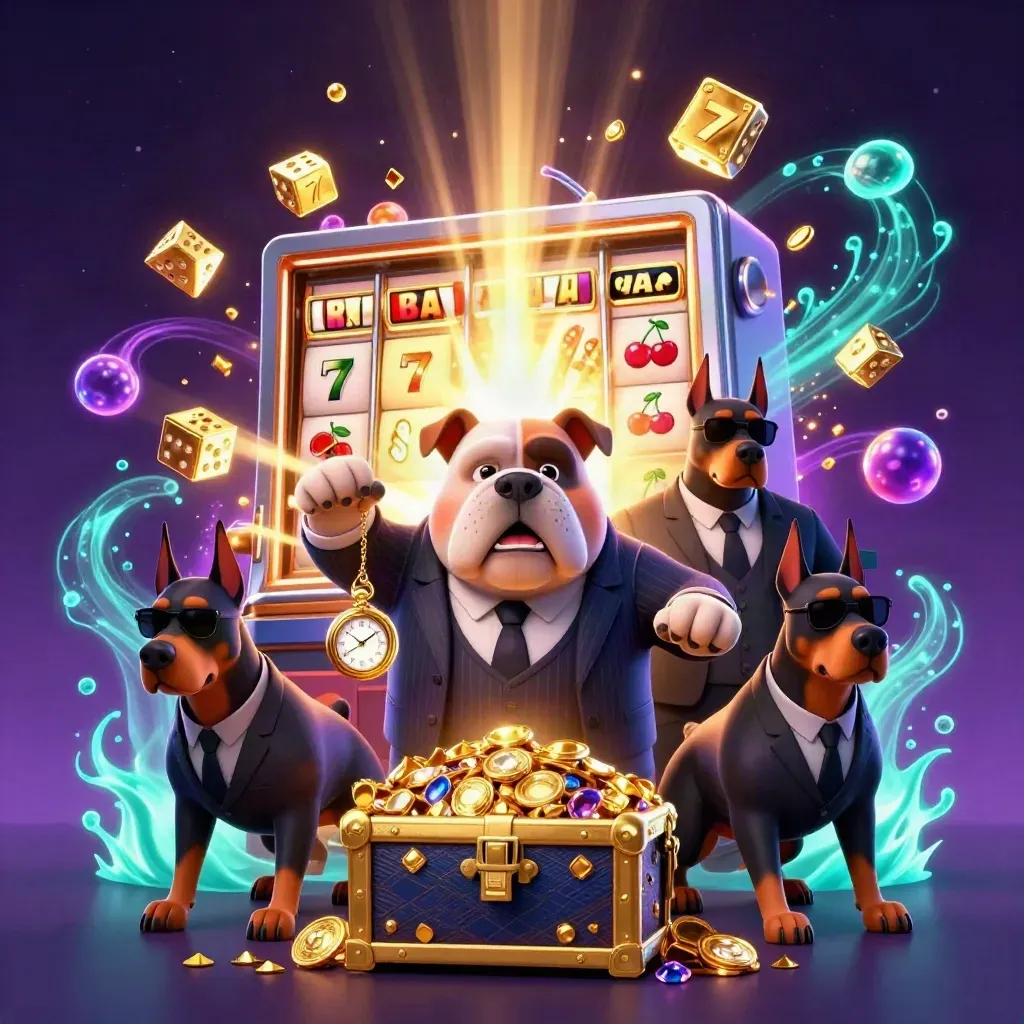 Bulldog boss and two Dobermans amid bursting slot icons, gold, and neon casino energy.