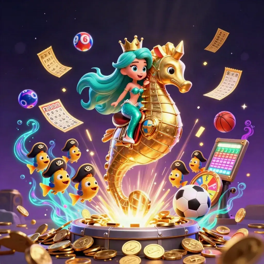 Mermaid princess on golden seahorse amid coins, fireworks, lottery balls, bingo, and casino icons.