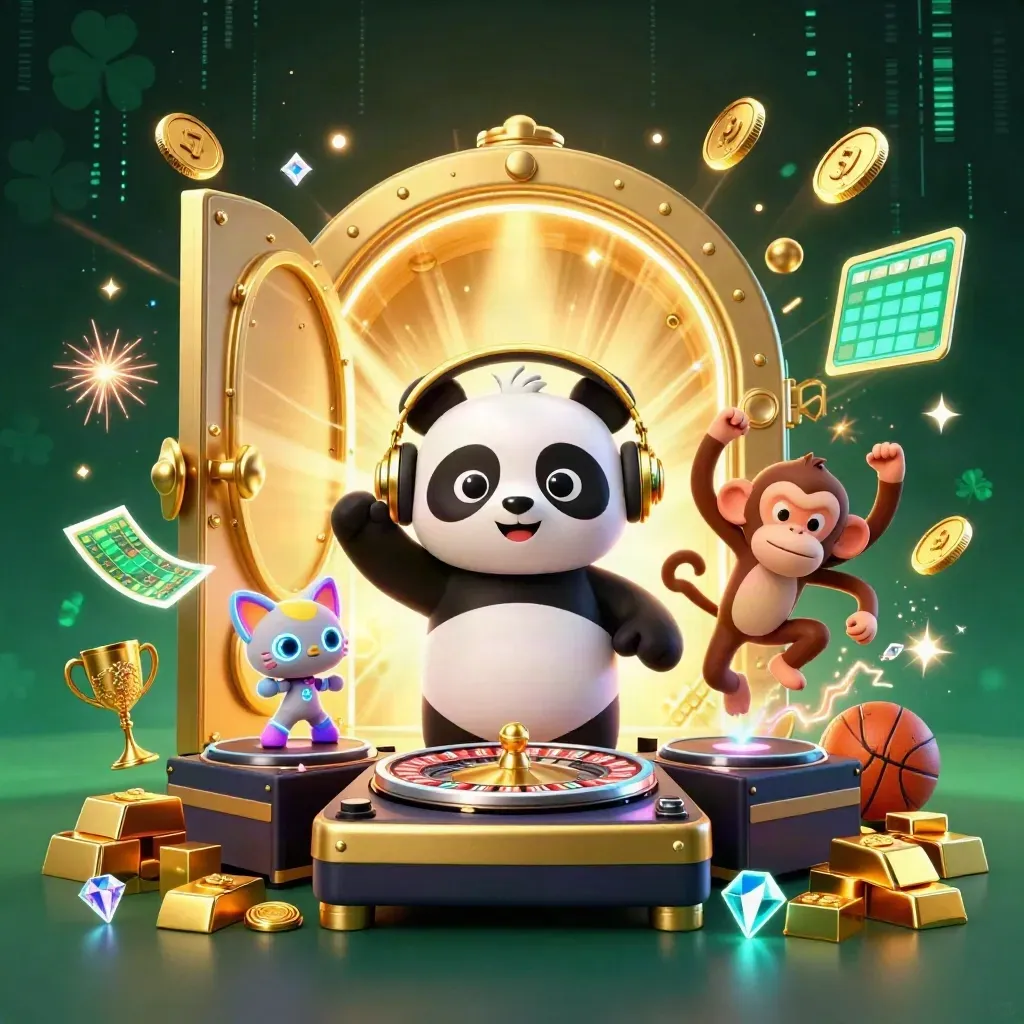 DJ panda, dancing monkey, and rave kitten burst from a vault amid gold coins and casino lights.