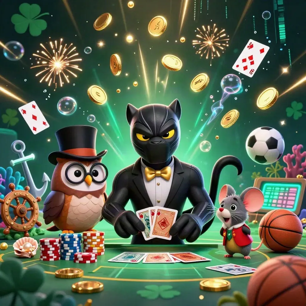 Panther, owl, and mouse amid treasure coins, fireworks, and sports betting icons.