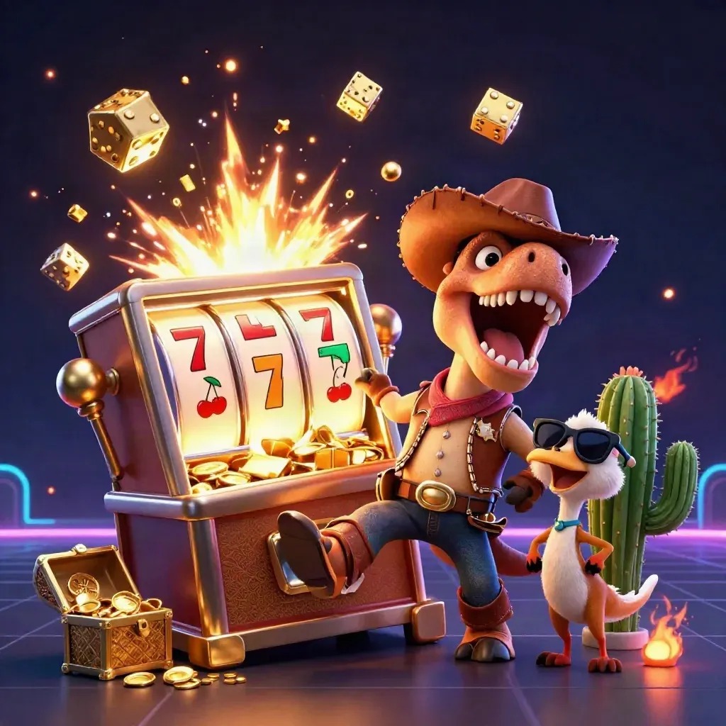 Cowboy T-Rex, cactus sidekick and roadrunner blast around a glowing slot machine jackpot.