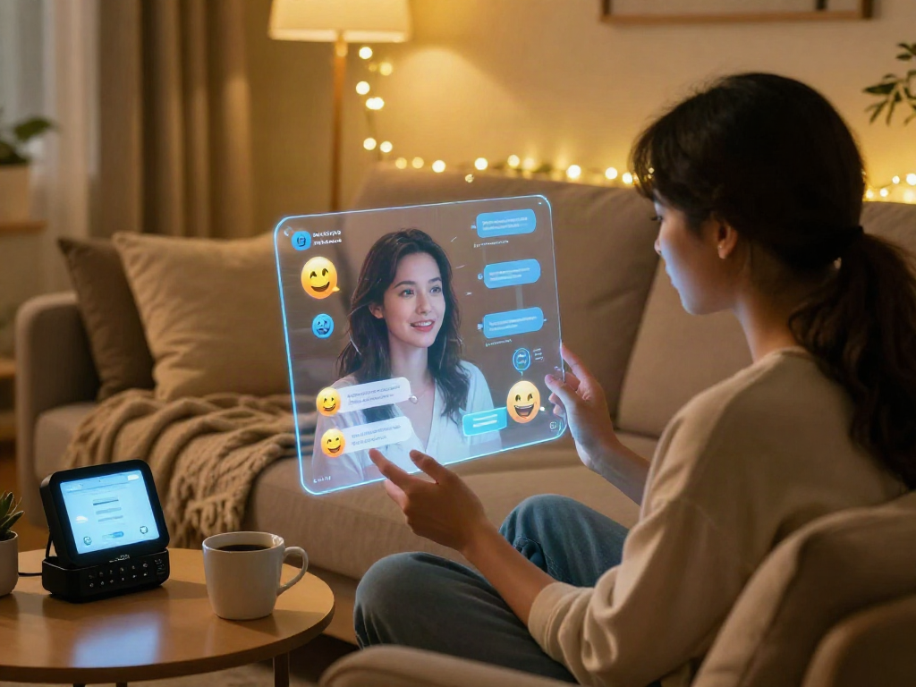 A person engaging with an AI girlfriend in a cozy living room, highlighting modern digital relationships and virtual interactions.